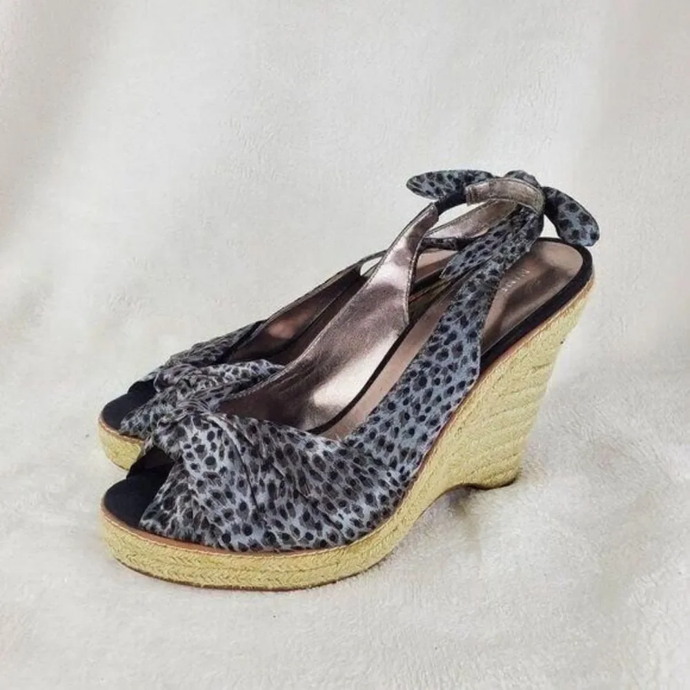 Nine West Grey Satin Animal Print Bow Slingback Platform Espadrille Shoes 10M
